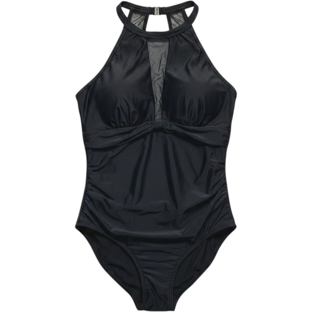 Black One Piece Swimsuit‎ XL Mesh Halter Sophisticated Minimalist Glam Chic Pool